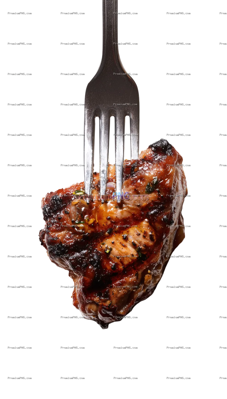 a grilled piece of meat on a fork against a white background