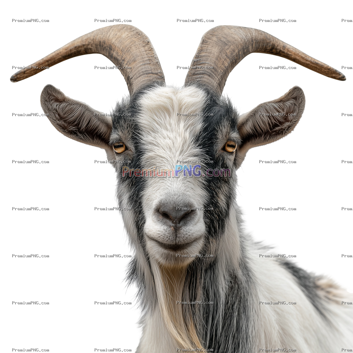 a goat with a white face and long horns cutout image and isolated on white background
