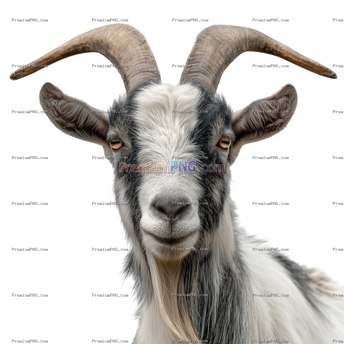 a goat with a white face and long horns cutout image and isolated on white background