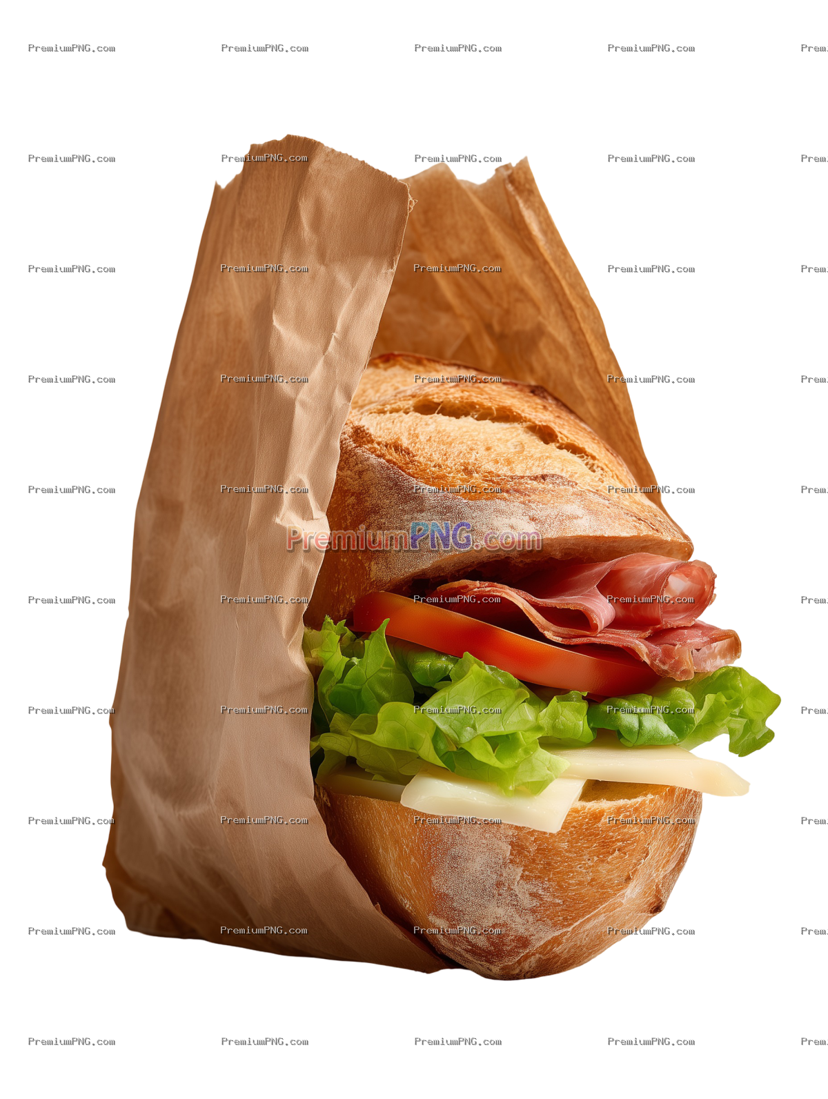 A fresh sandwich partially emerging from a crumpled brown paper bag