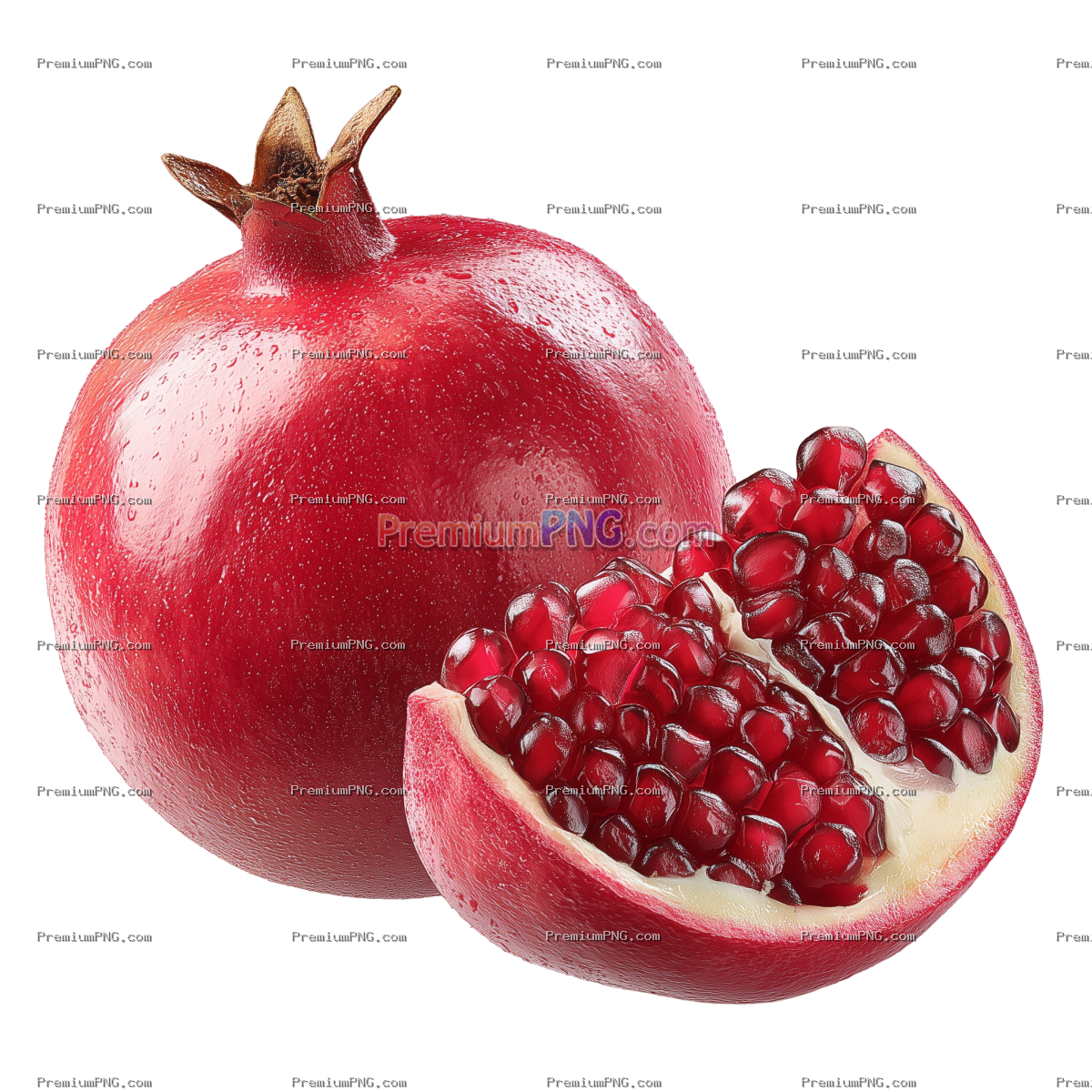 A whole pomegranate with a slice removed, photorealistic, rich red, isolated