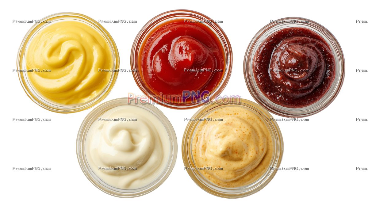Assorted Sauces in Glass Bowls Including Ketchup, Mustard, and Mayo top view