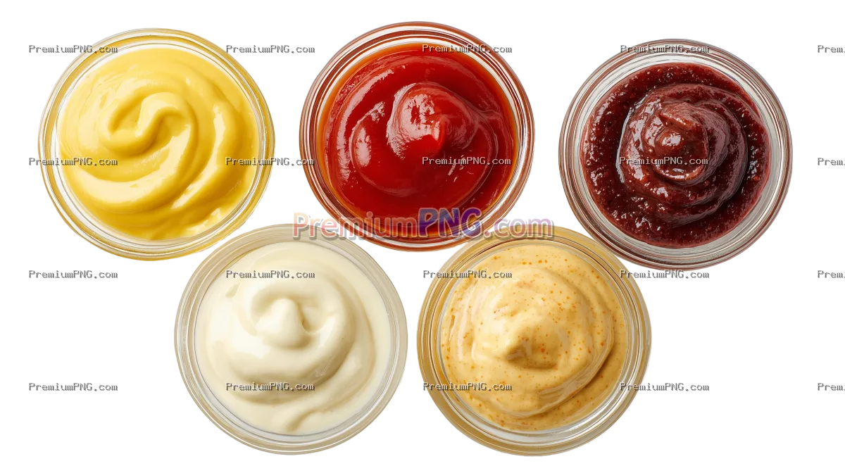 Assorted Sauces in Glass Bowls Including Ketchup, Mustard, and Mayo top view