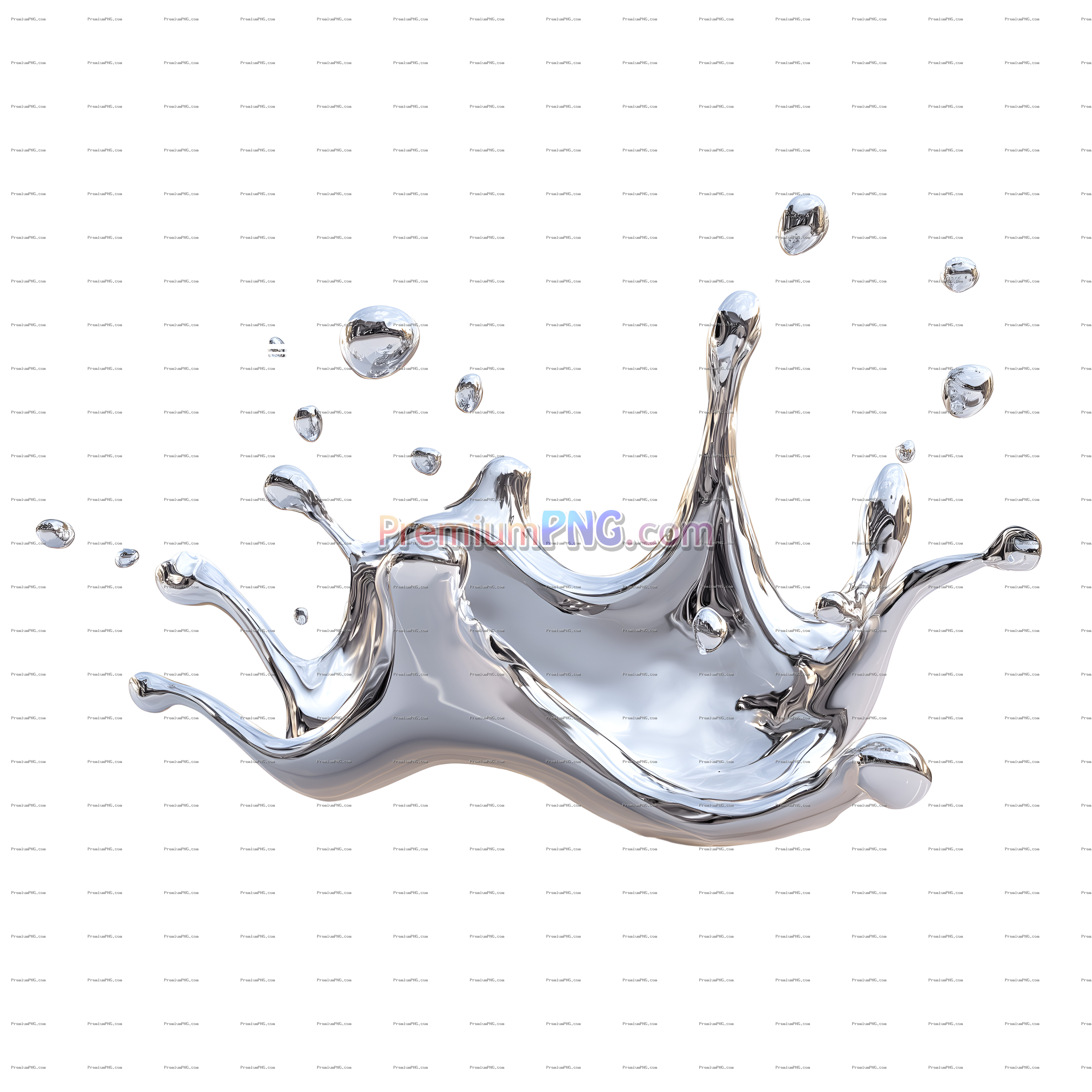 3D Render Liquid Chrome Splash with Metallic Surface & Droplets