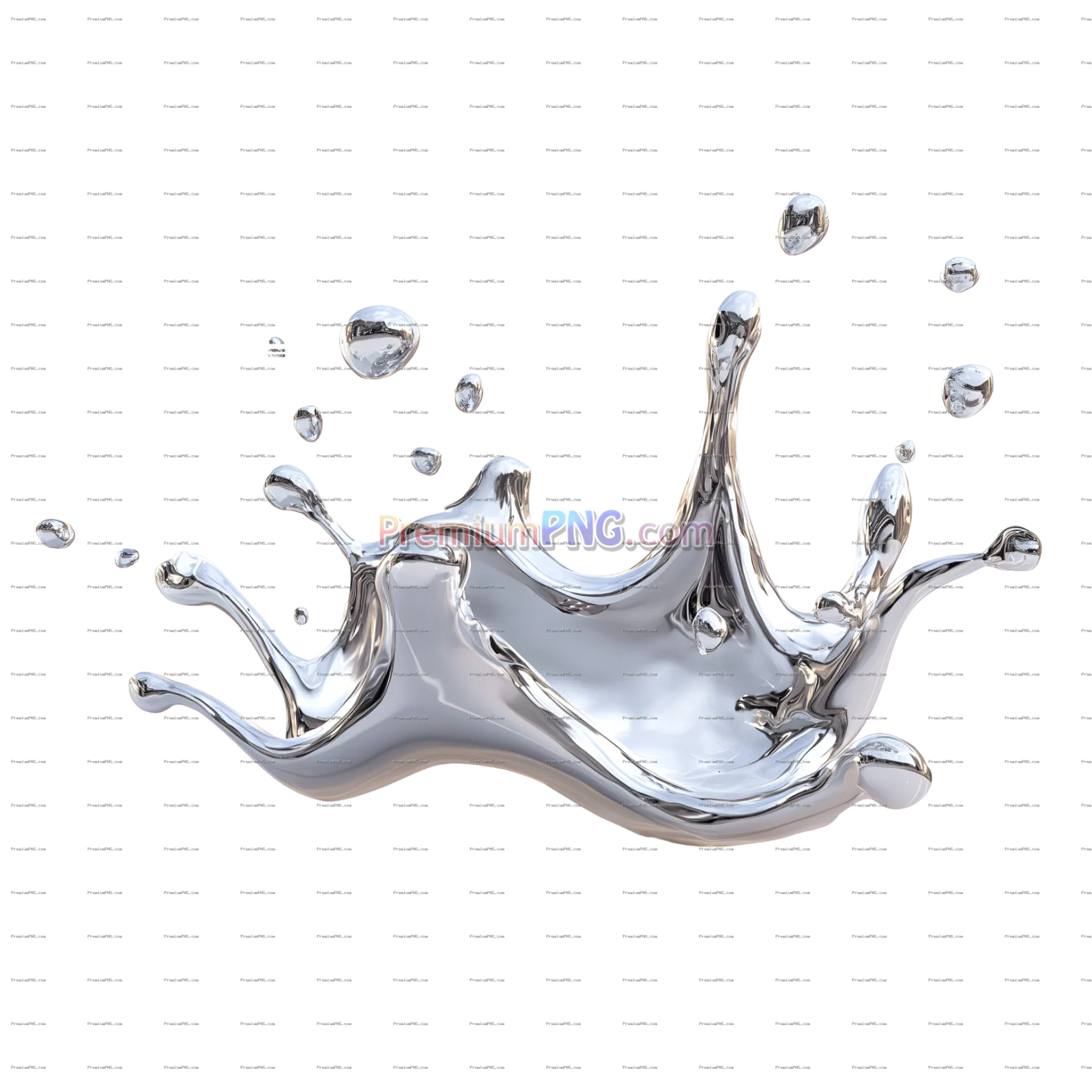 3D Render Liquid Chrome Splash with Metallic Surface & Droplets