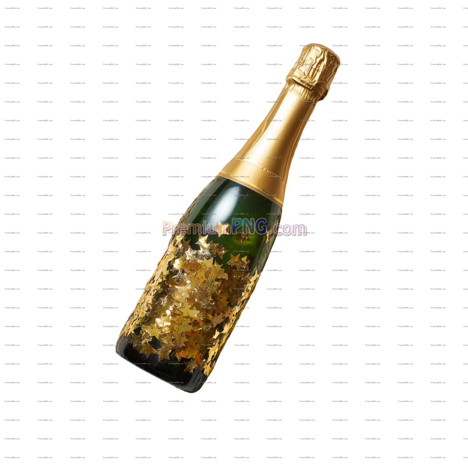 Champagne Bottle with Gold Confetti and Stars PNG | Transparent Background