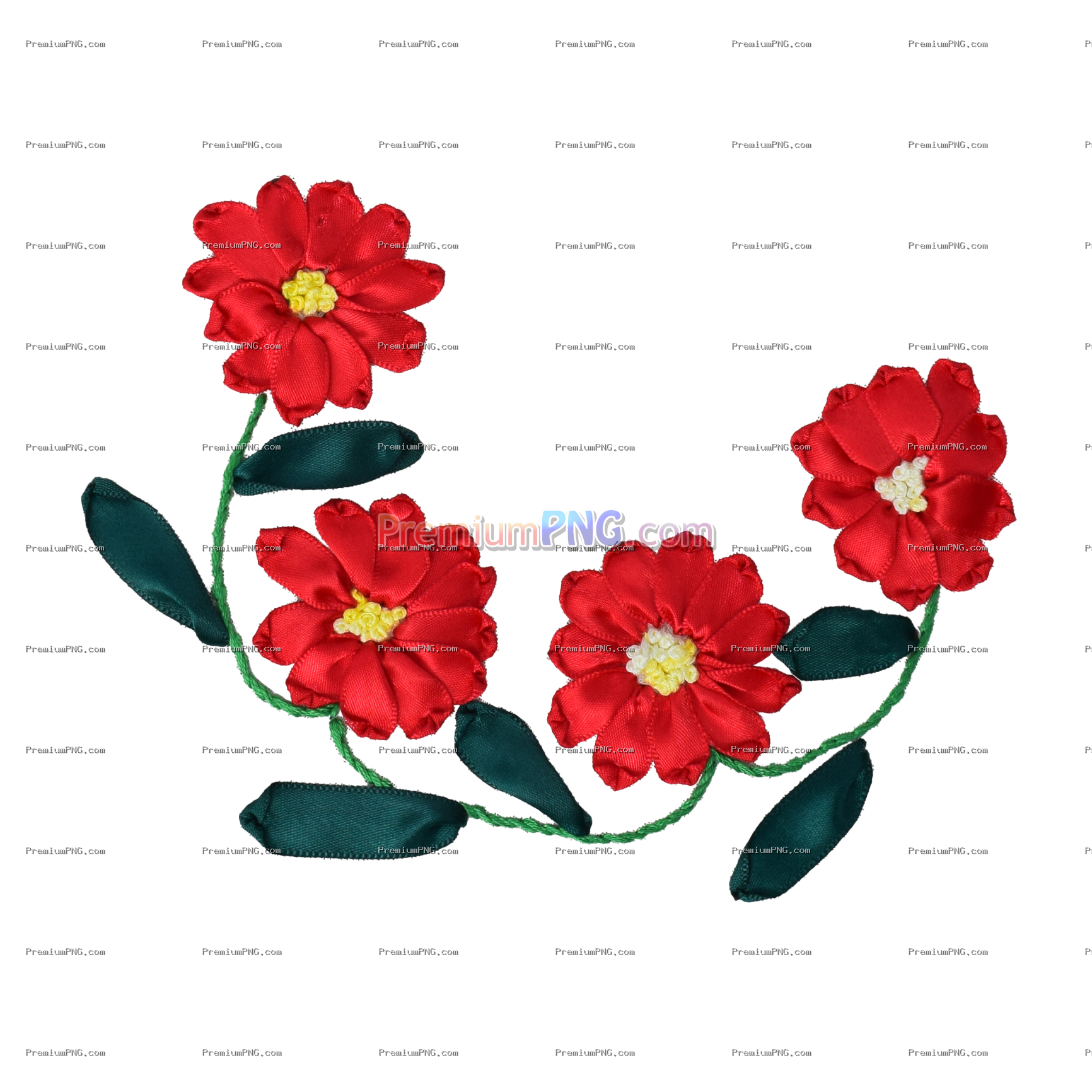 Red ribbon flower vine with green leaves embroidery