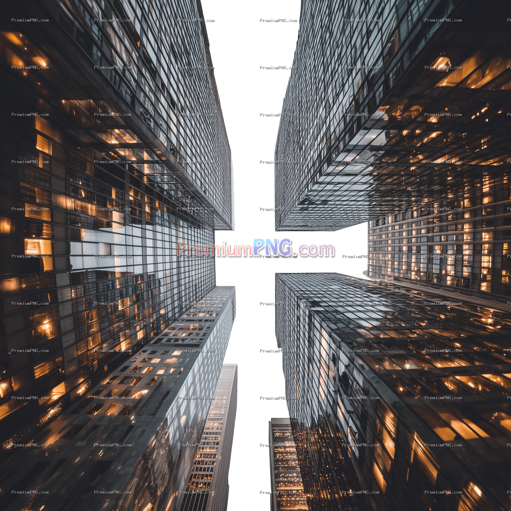 Brand image, real photo, tall buildings, looking up