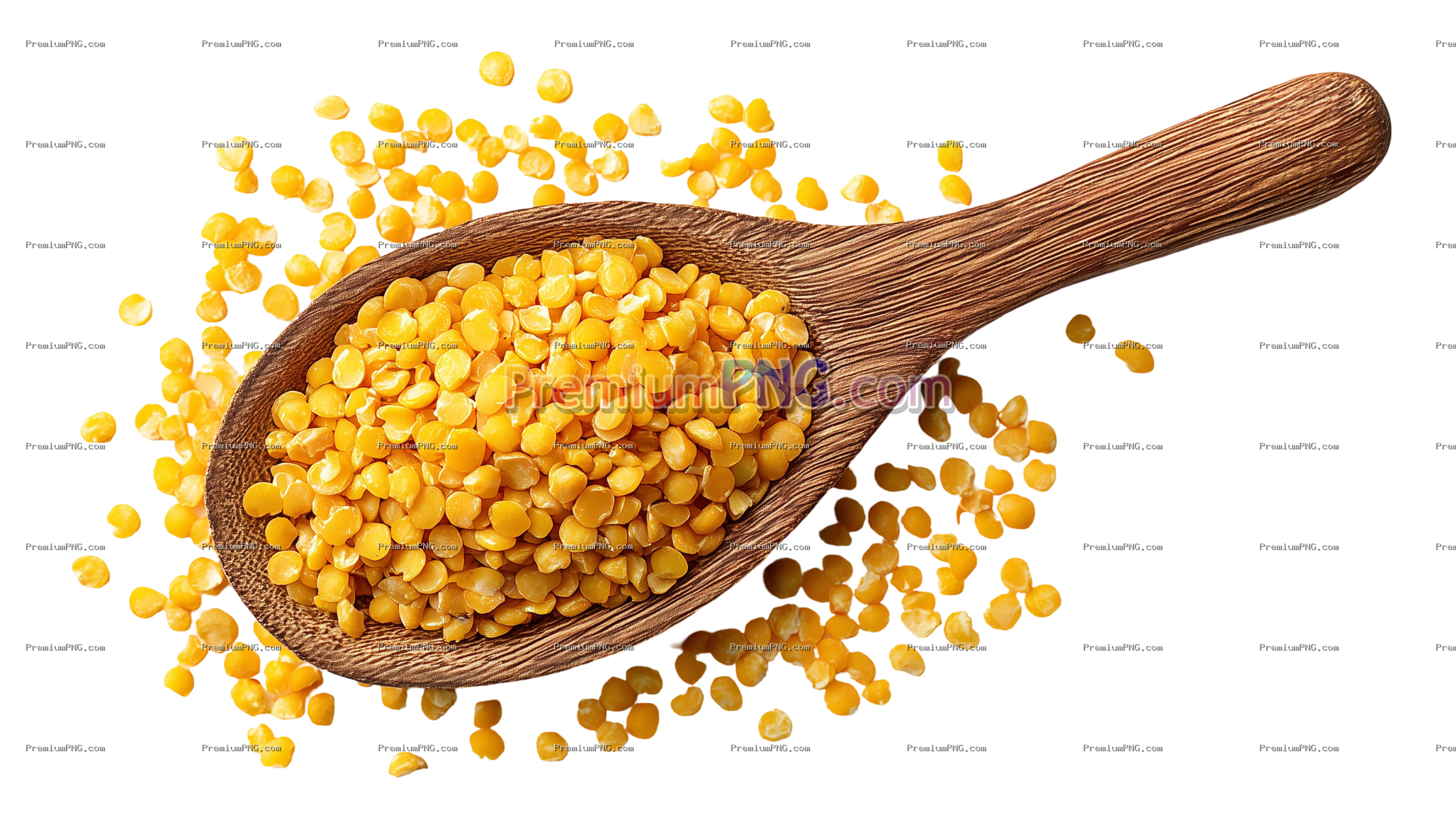 Yellow Split Peas on Wooden Spoon Isolated on Transparent Background – Top View