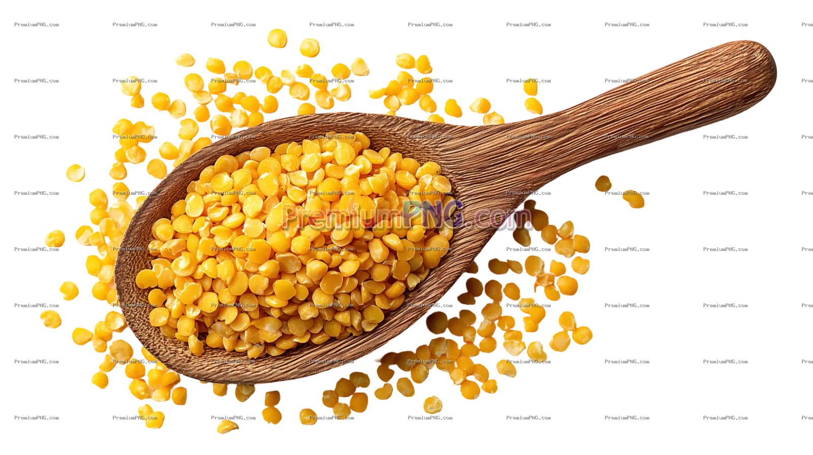 Yellow Split Peas on Wooden Spoon Isolated on Transparent Background – Top View