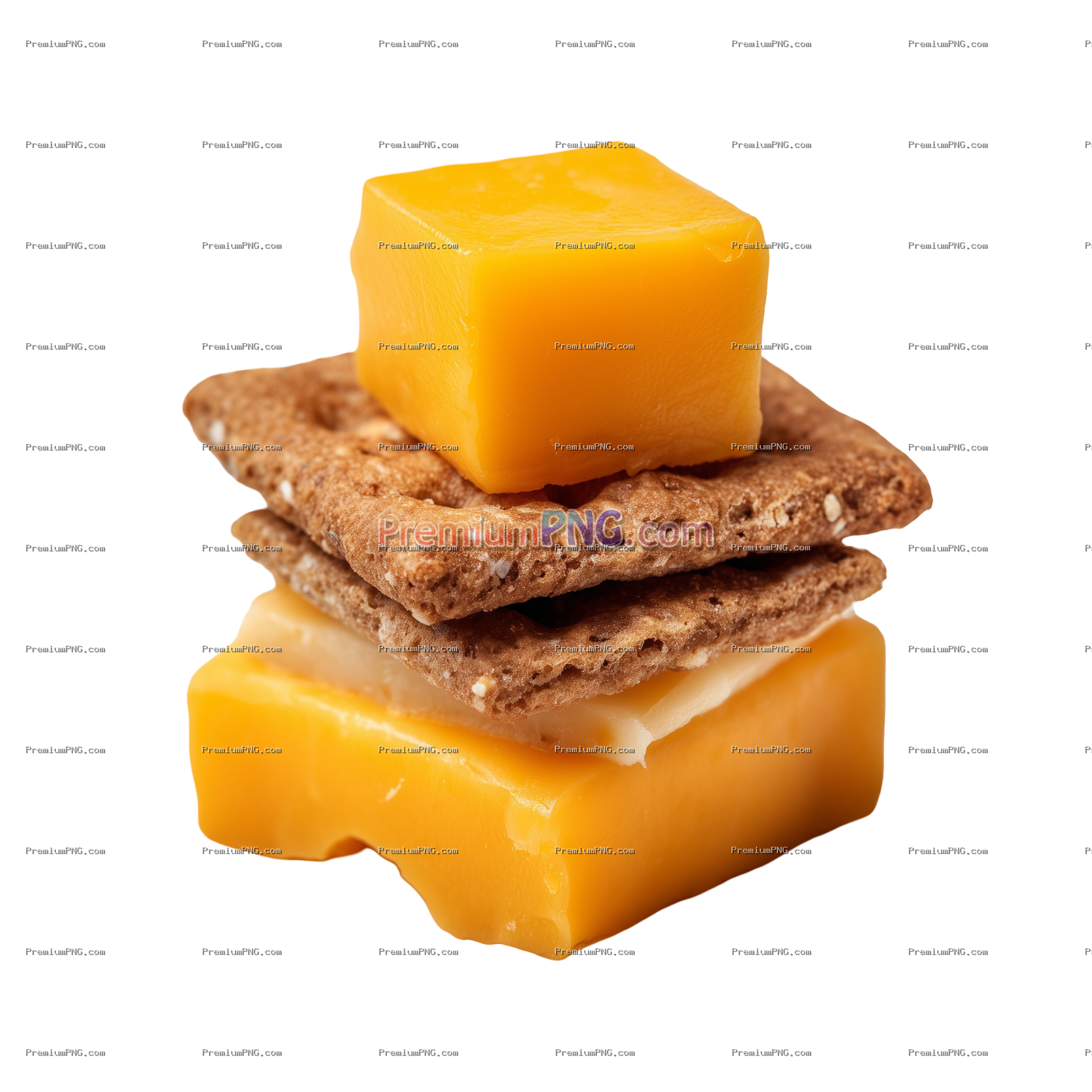 A food photography of a mini cubed cheese on top of a mini cracker and another cracker on top of the