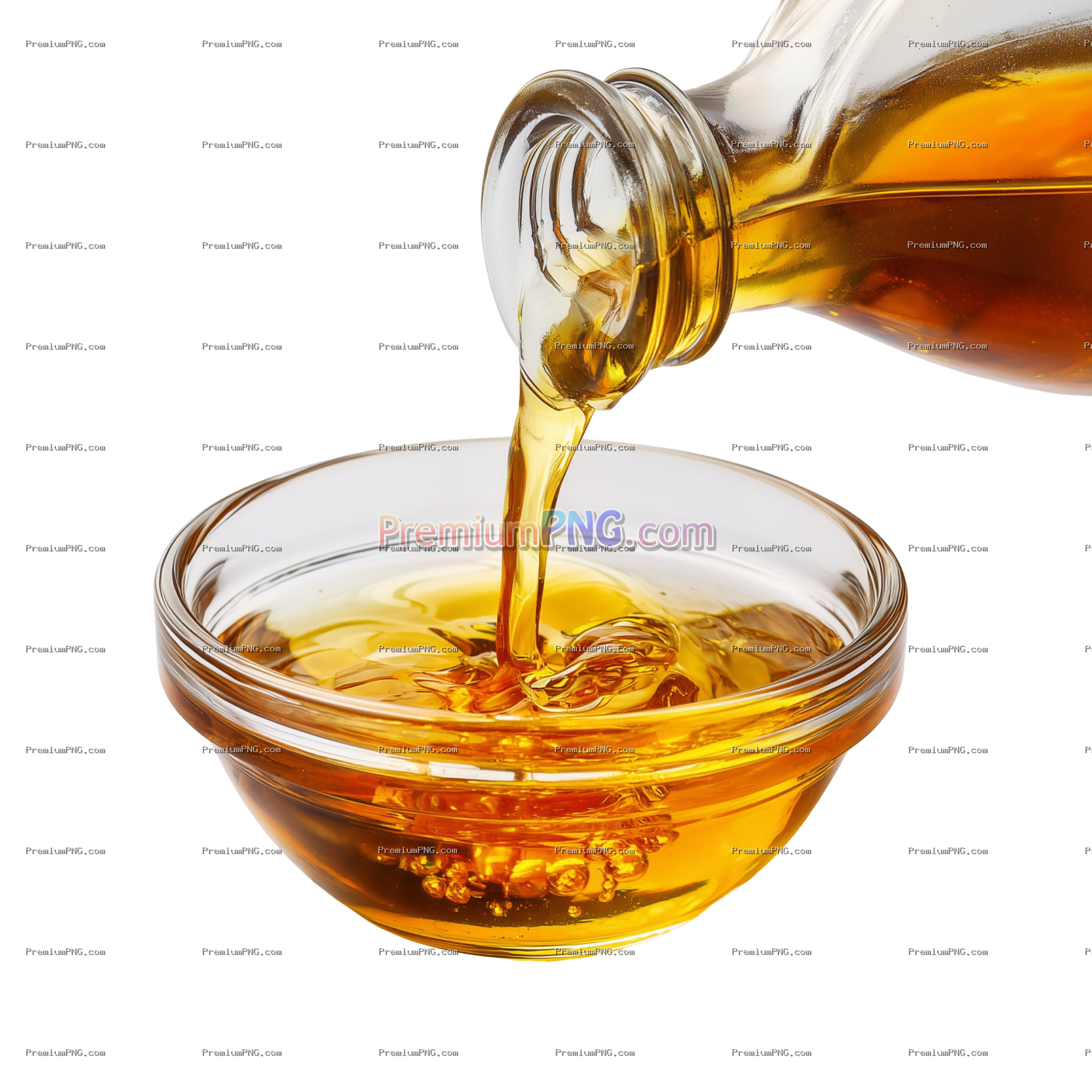 a glass bowl is filled with golden oil as it is being poured from a clear bottle