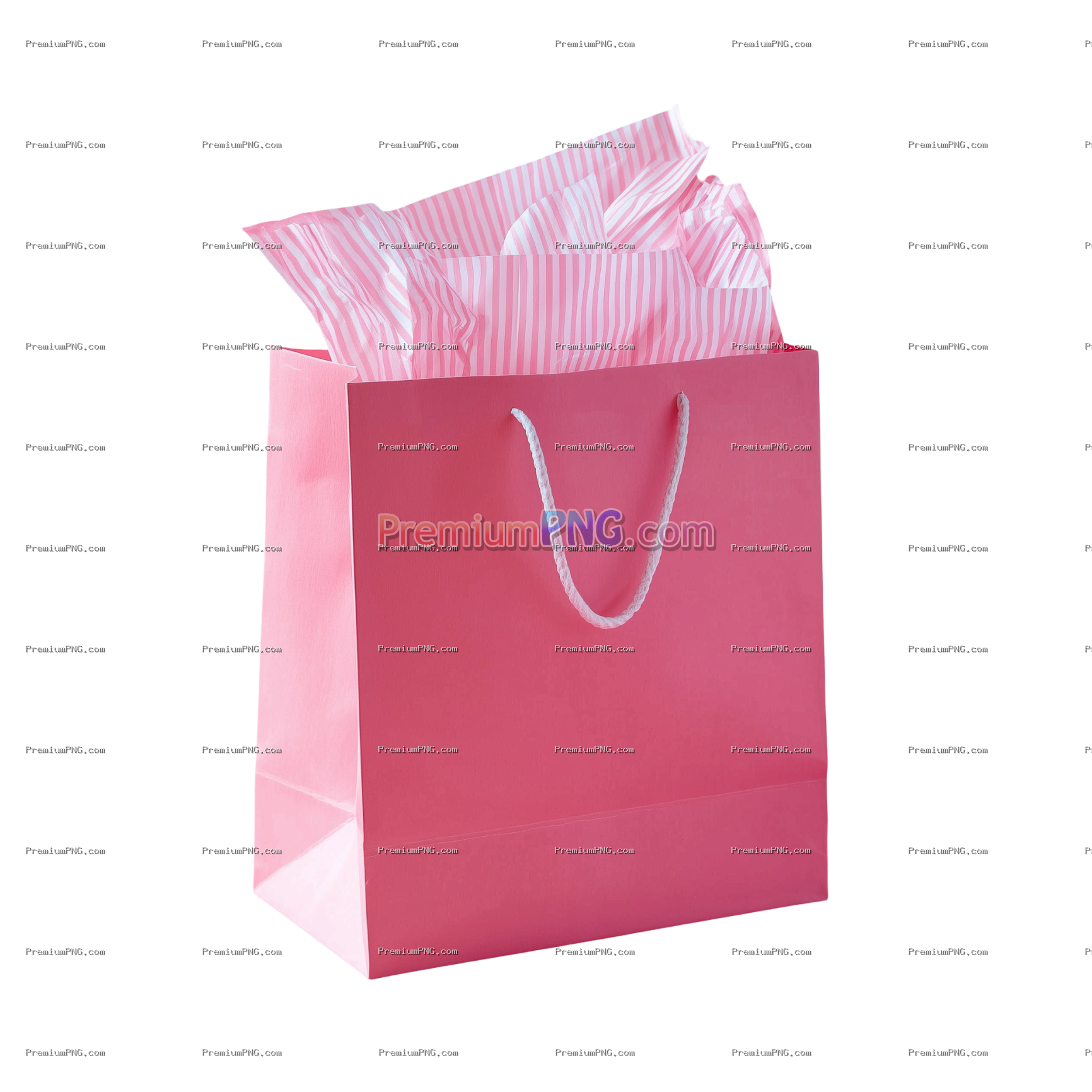 Solid Pink Gift Bag with Striped Tissue Paper on Transparent Background – Elegant Gift Packaging PNG