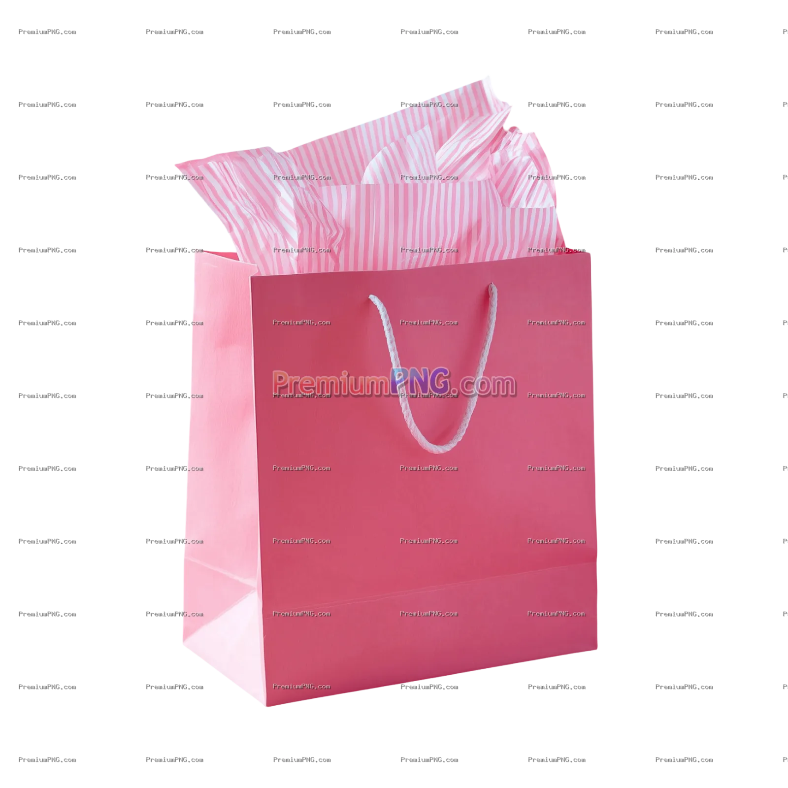 Solid Pink Gift Bag with Striped Tissue Paper on Transparent Background – Elegant Gift Packaging PNG