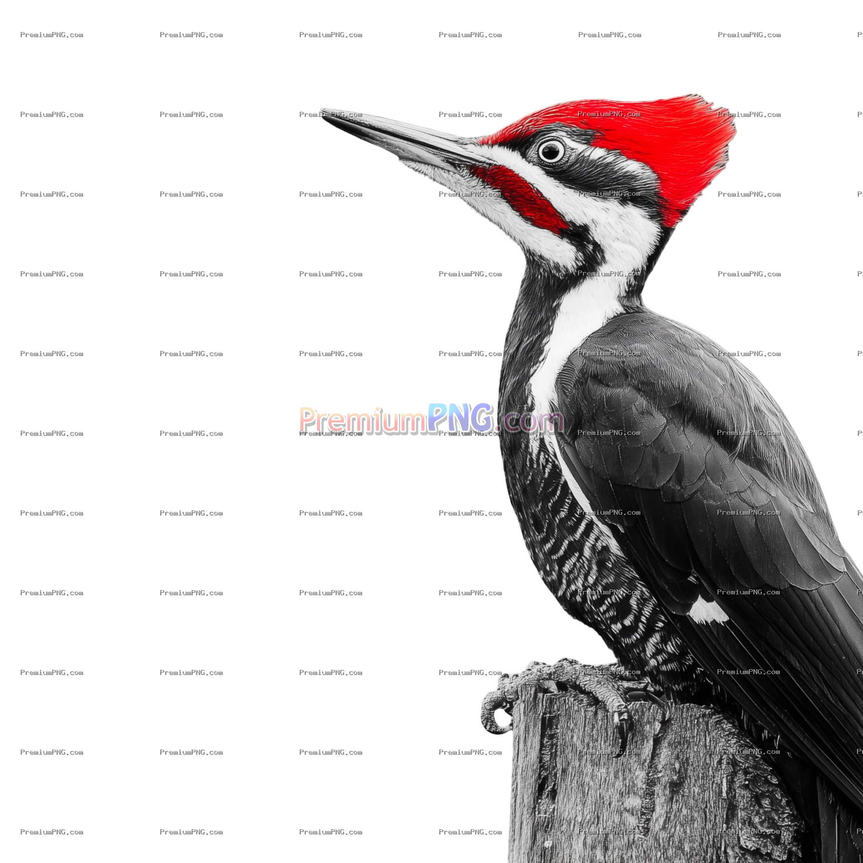 Striking Woodpecker Perched on Wooden Stump PNG Transparent Background