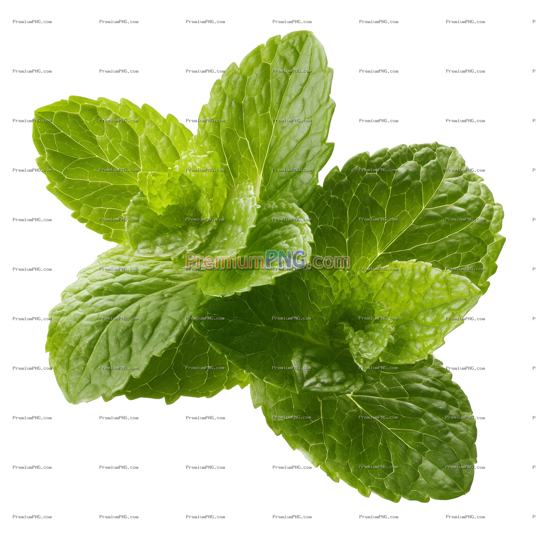 Close-up of fresh green mint leaves isolated on transparent or white background