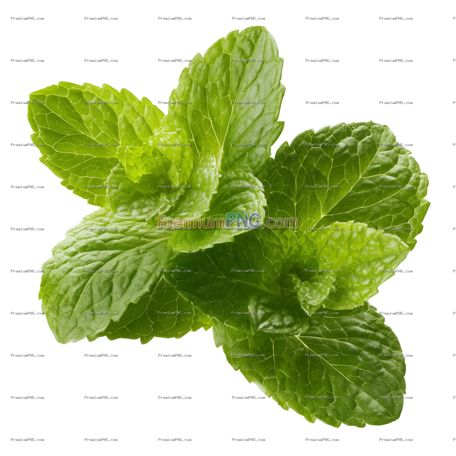 Close-up of fresh green mint leaves isolated on transparent or white background