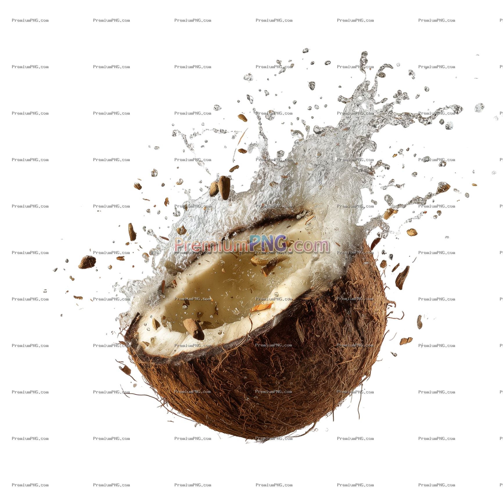 coconut flying in the air. The water should splash, on a pure transparent background