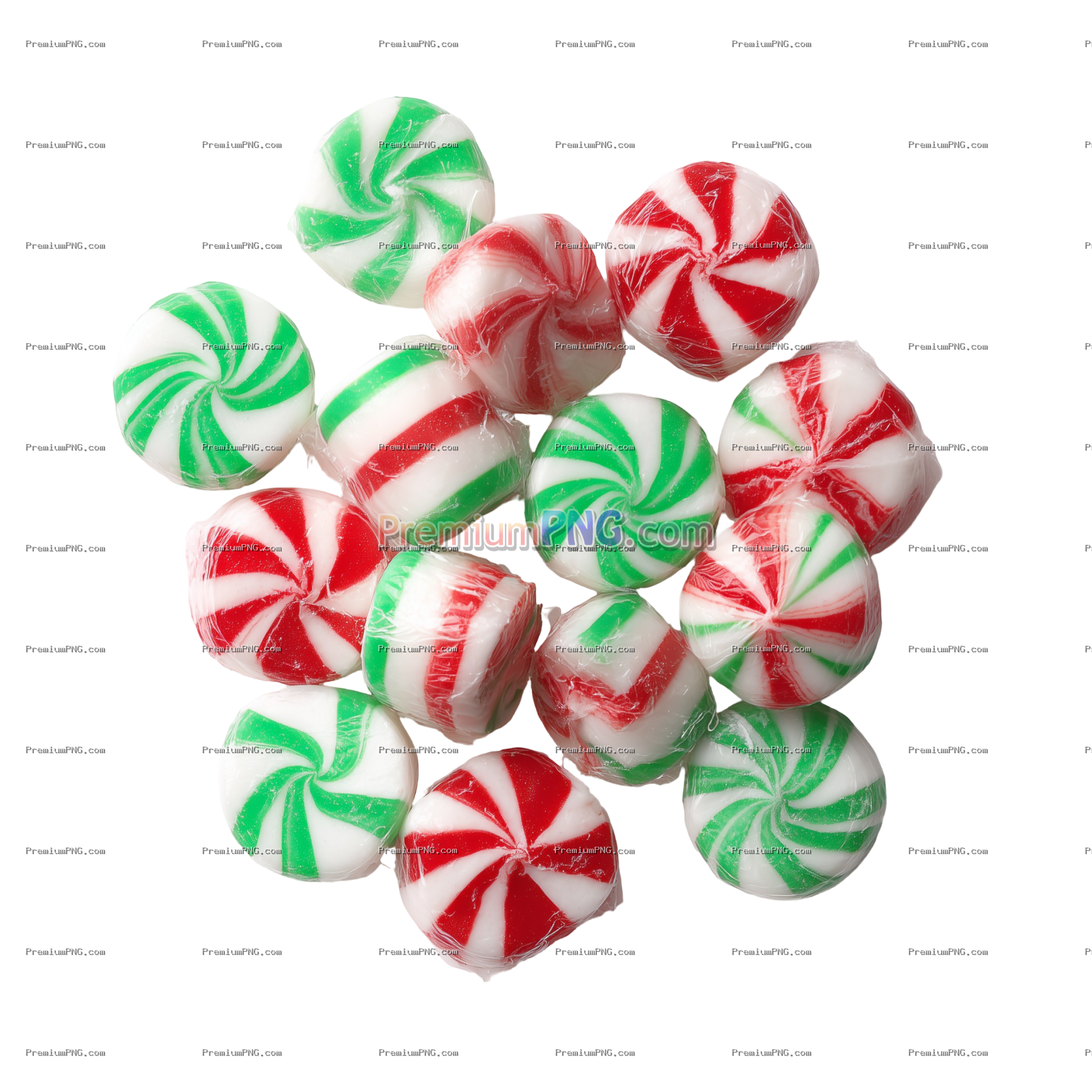 Colorful assorted peppermint candies on a transparent background