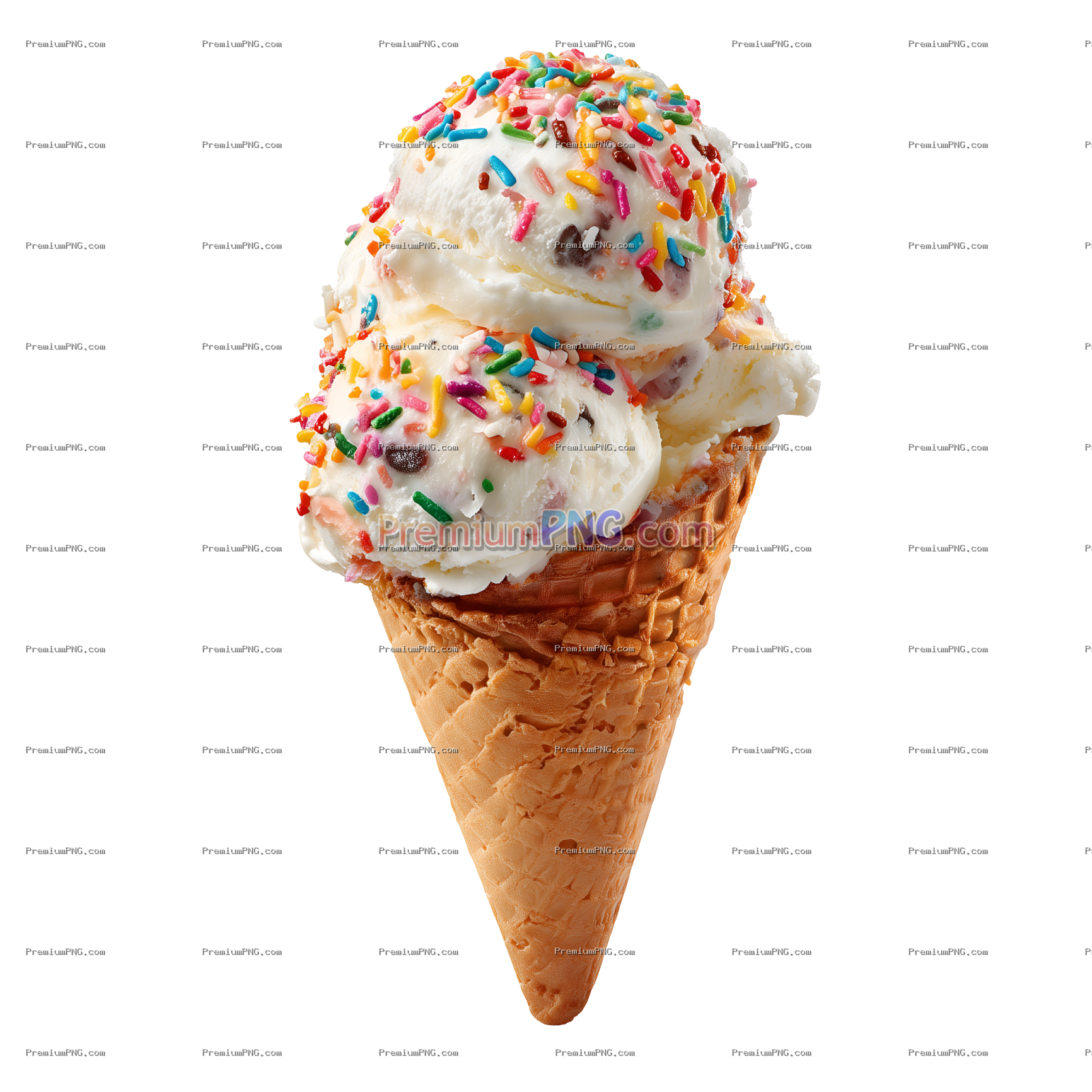 Colorful Ice Cream Cone with Sprinkles and Creamy Scoops on Transparent Background