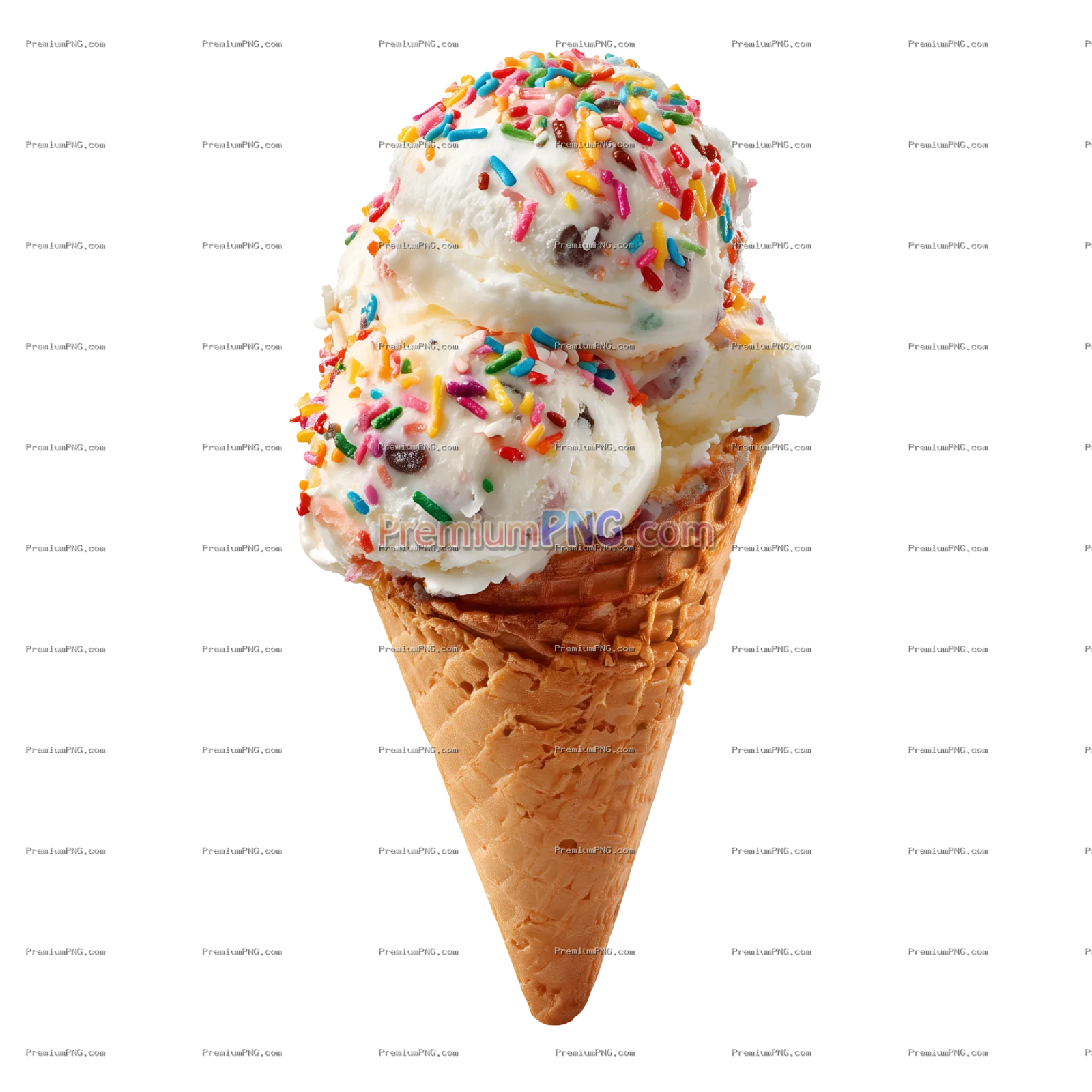 Colorful Ice Cream Cone with Sprinkles and Creamy Scoops on Transparent Background