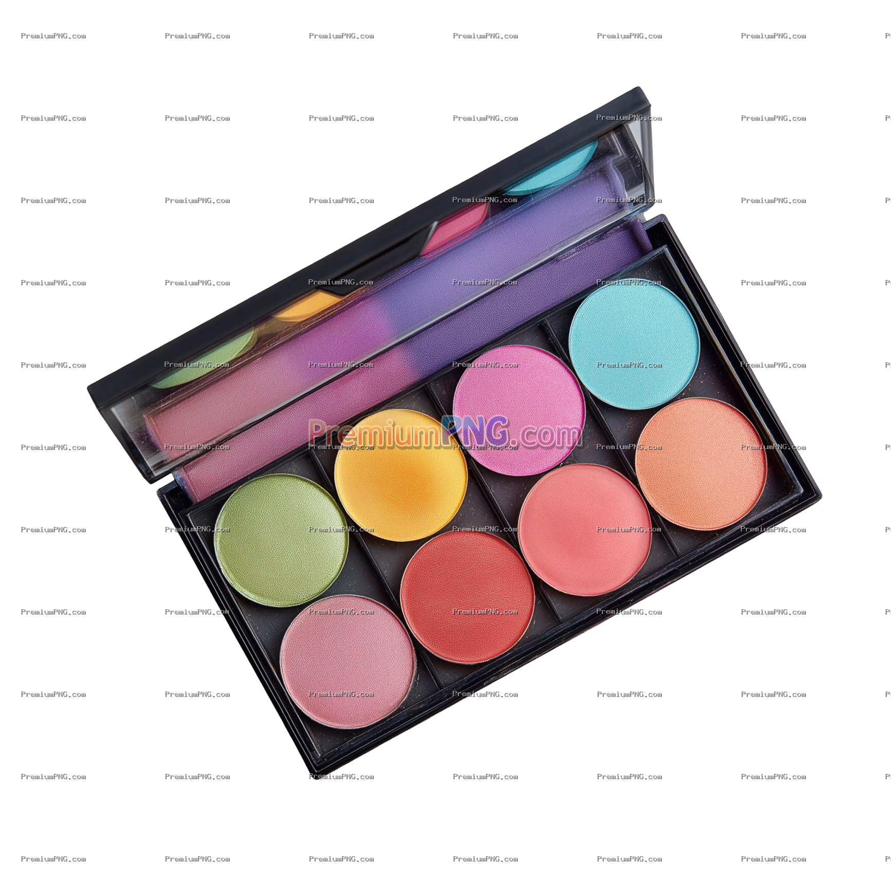 Vibrant Makeup Palette with Colorful Eyeshadows and Blushes on white background