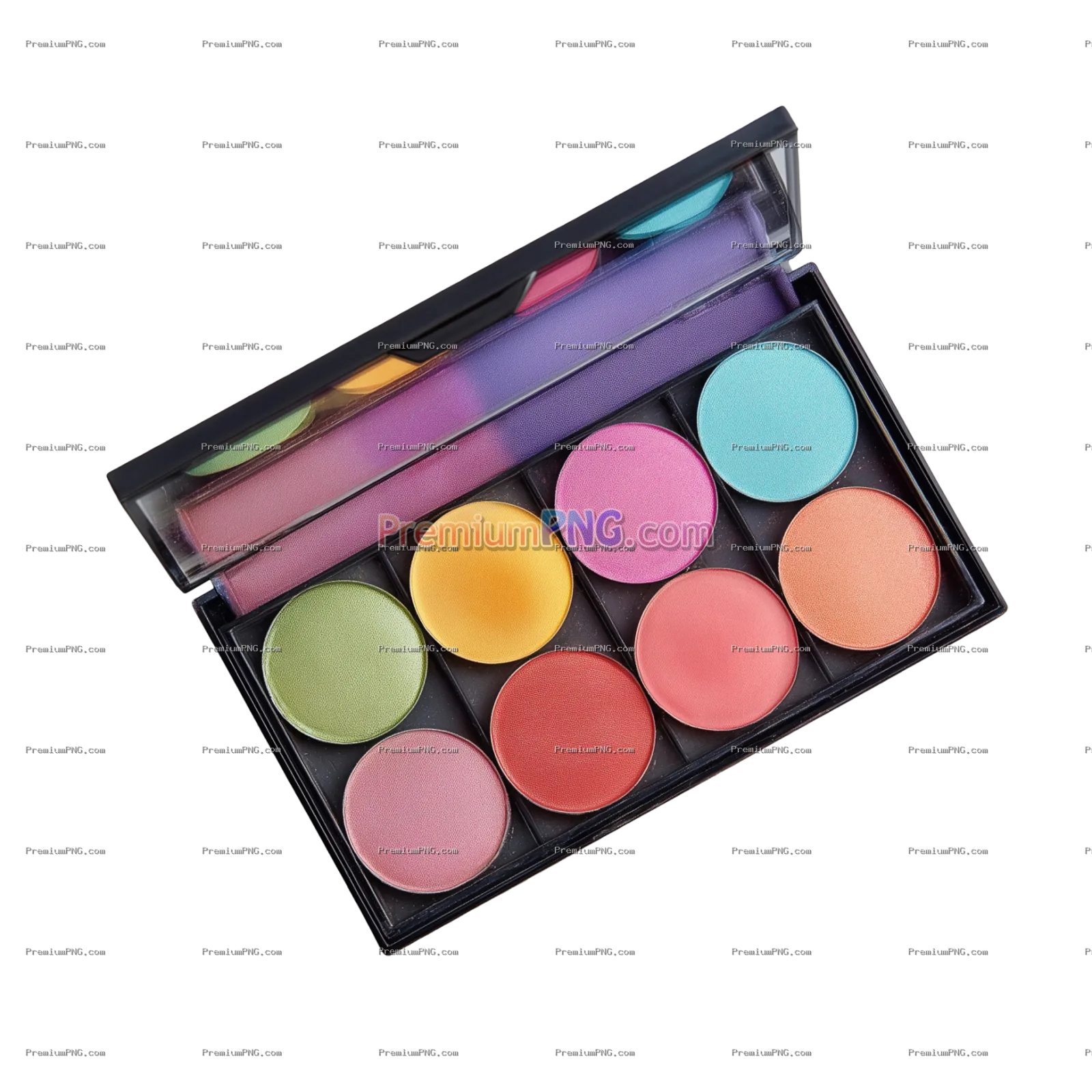 Vibrant Makeup Palette with Colorful Eyeshadows and Blushes on white background