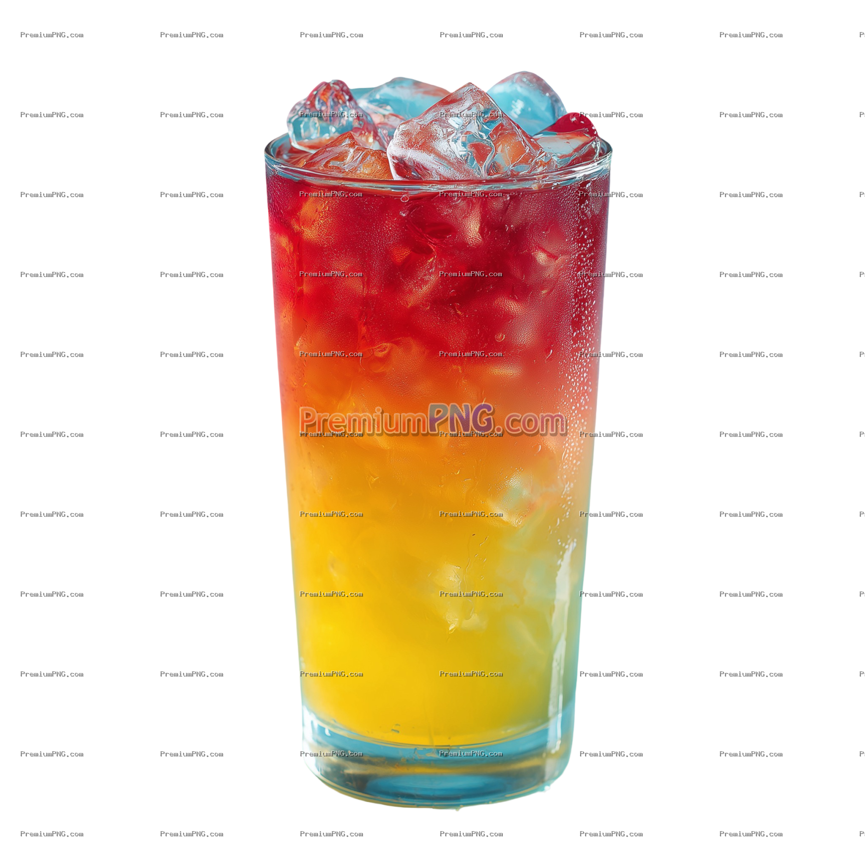 Vibrant, refreshing drink with gradient of red to yellow, topped with ice cubes, perfect for summer 