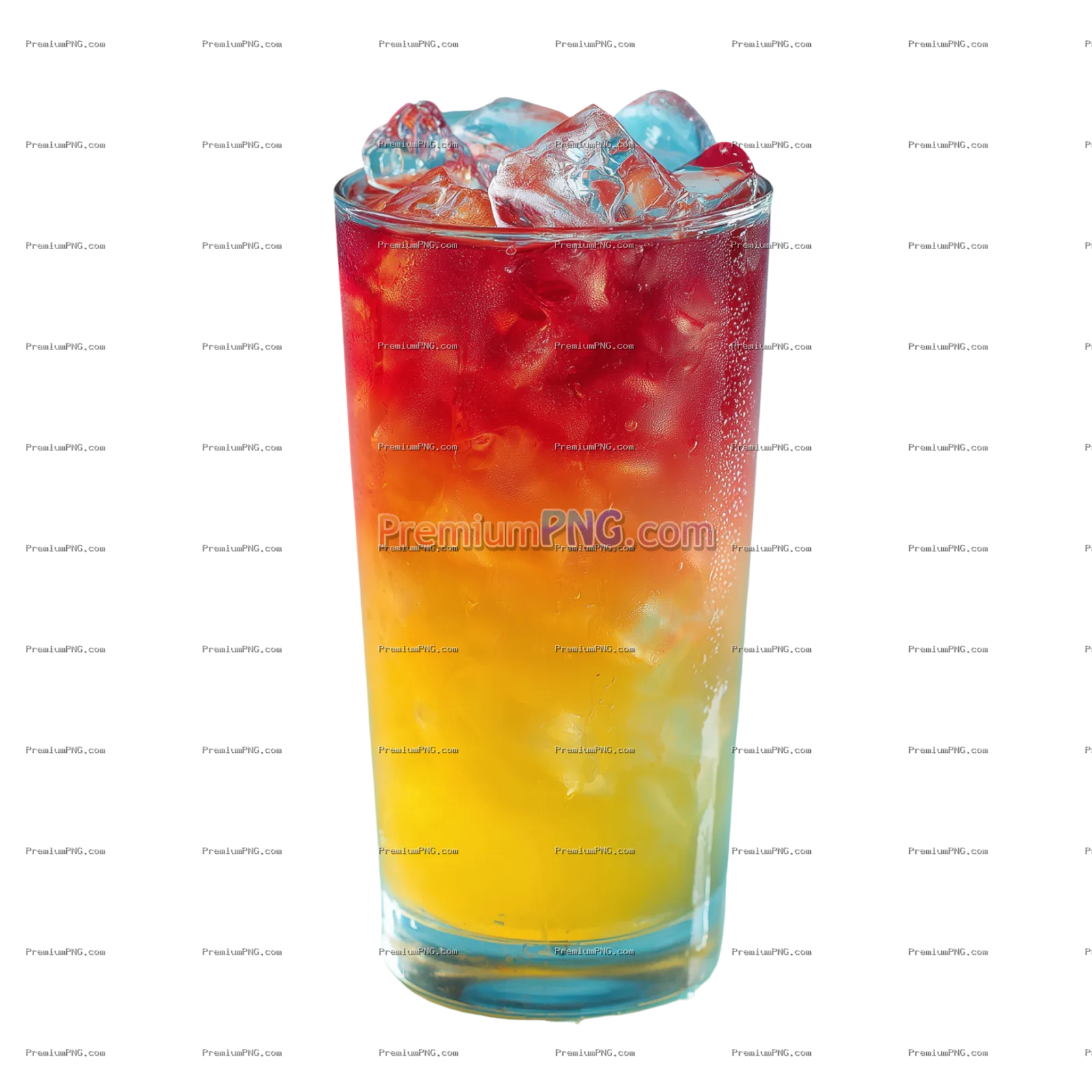 Vibrant, refreshing drink with gradient of red to yellow, topped with ice cubes, perfect for summer 