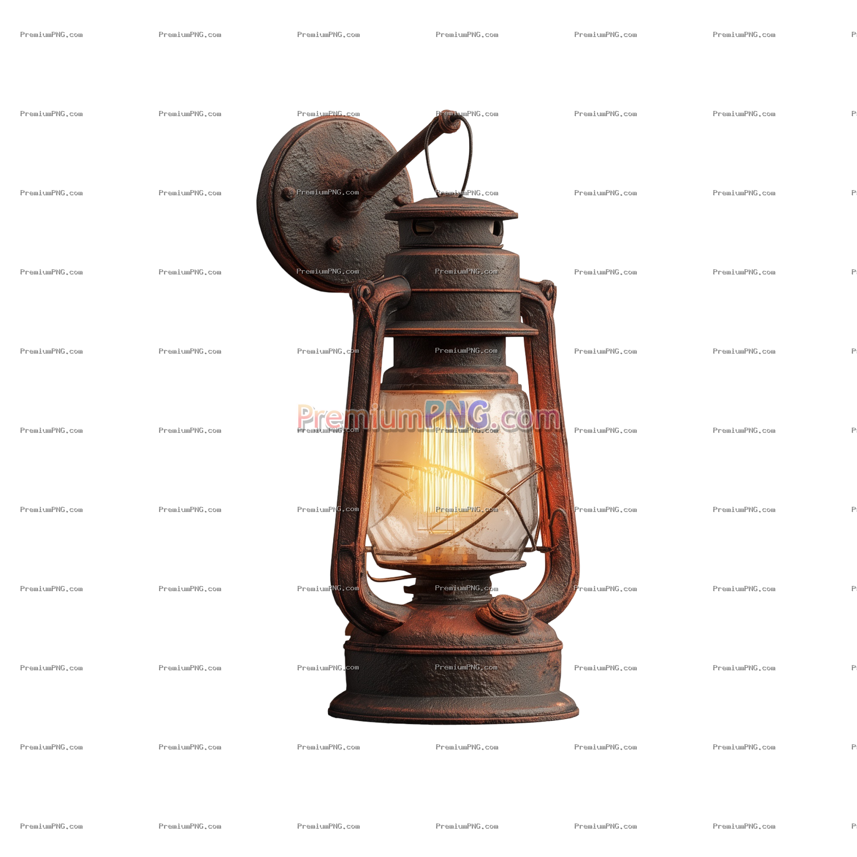Vintage lantern with warm light hanging indoors isolated on transparent background