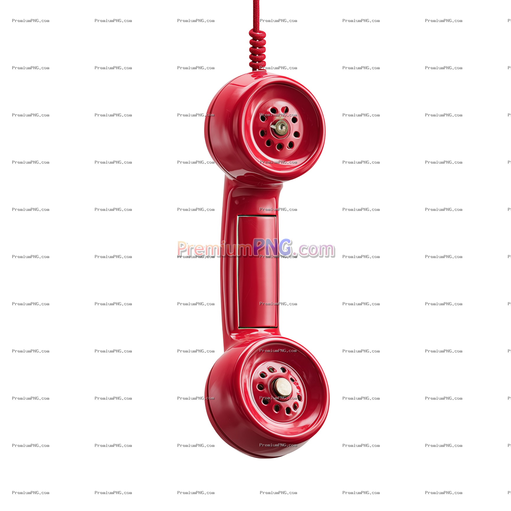 Vintage red phone receiver hanging, isolated on white background