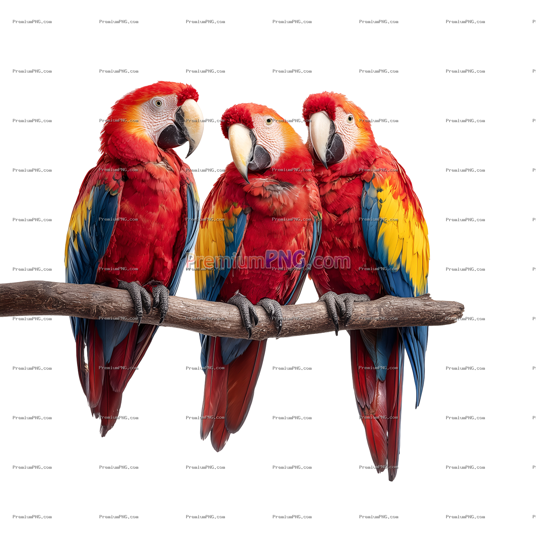 Vivid Red, Yellow and Blue Parrots on Curved Branch PNG – Sharp Detailed Feathers on Transparent Bac