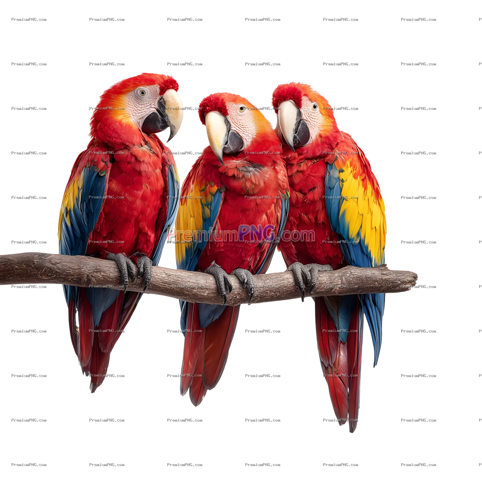 Vivid Red, Yellow and Blue Parrots on Curved Branch PNG – Sharp Detailed Feathers on Transparent Bac