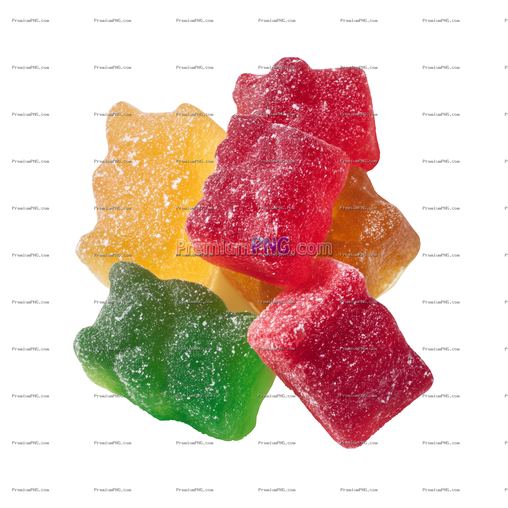 Colorful Sour Patch Kids gummies, individually placed and isolated on a white transparent background