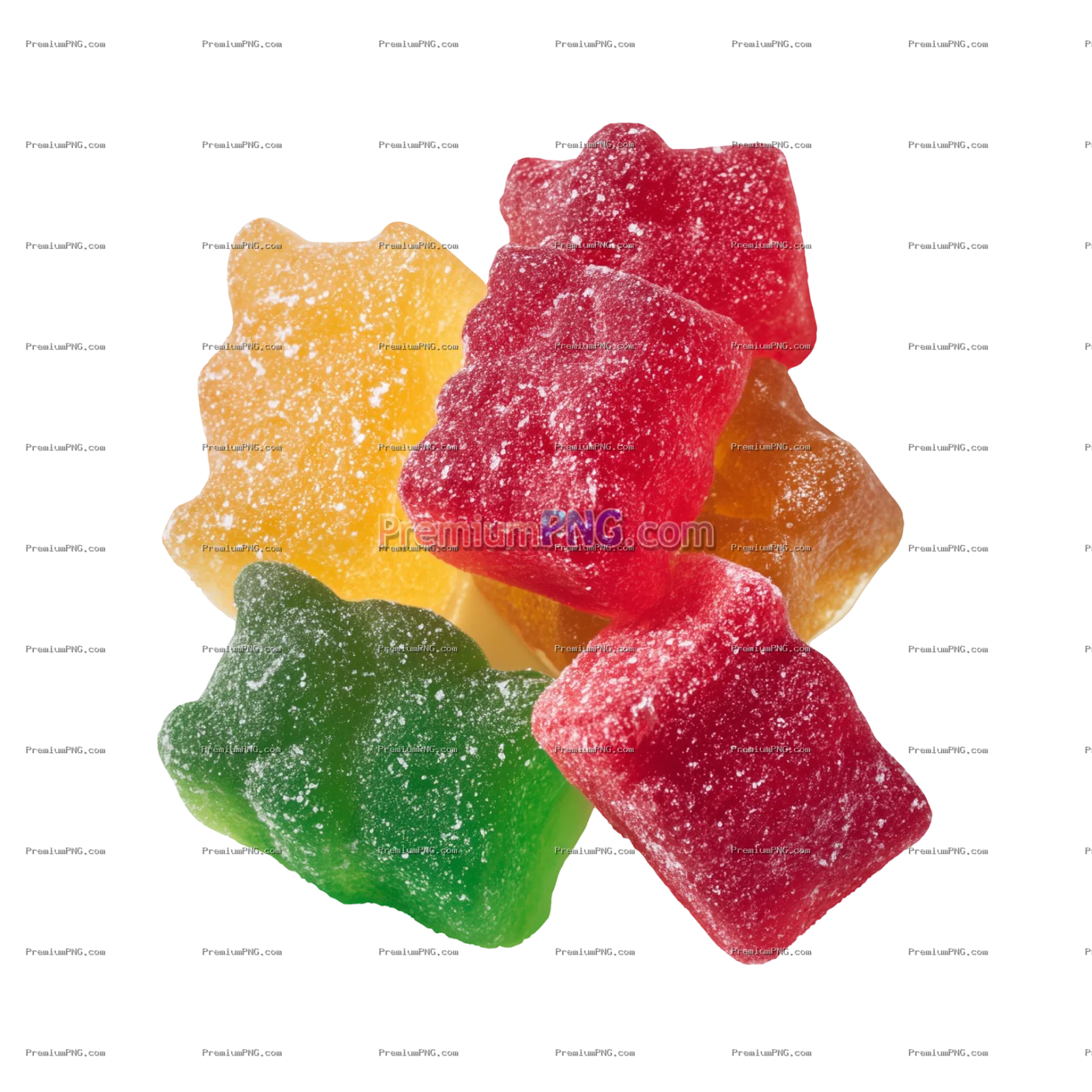 Colorful Sour Patch Kids gummies, individually placed and isolated on a white transparent background
