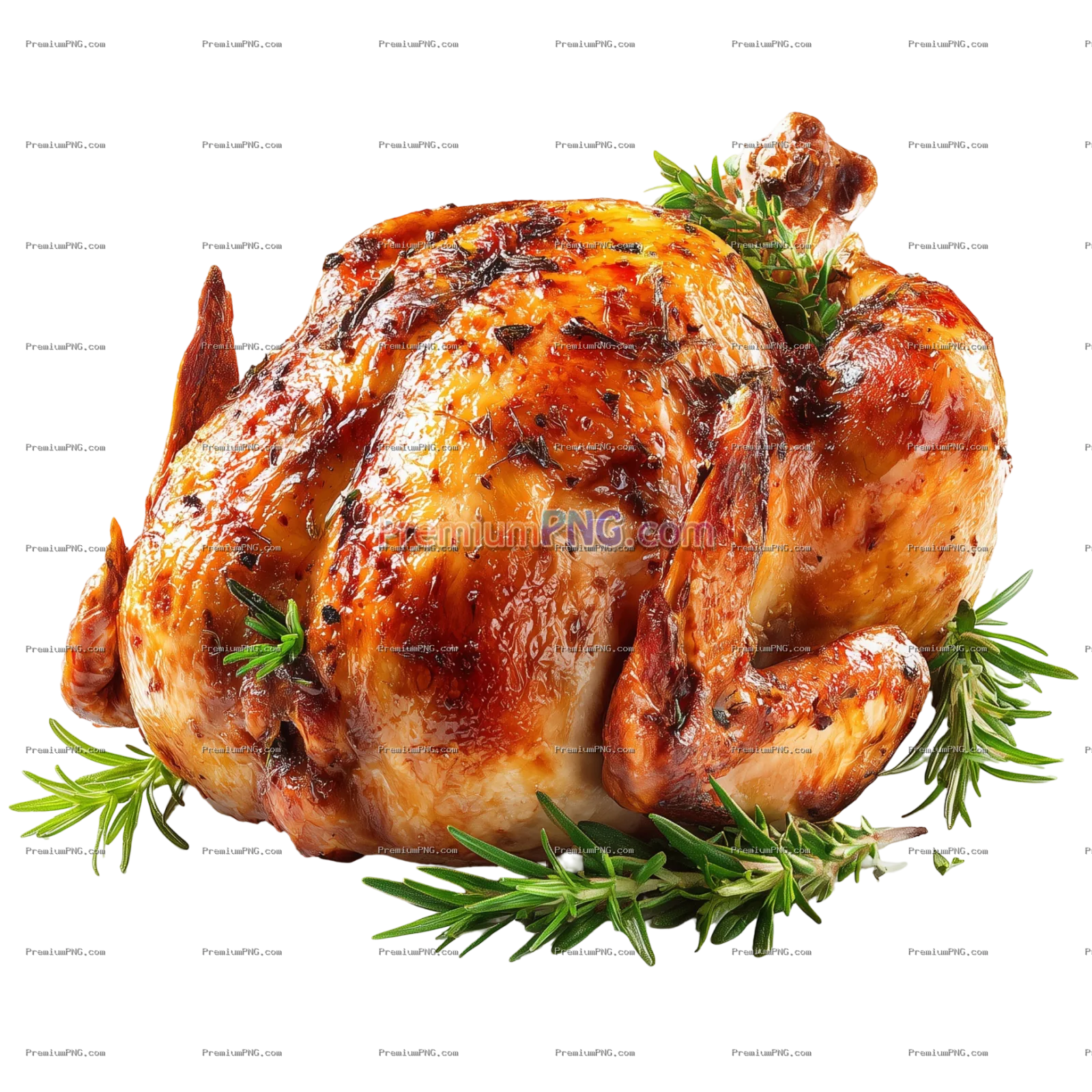 Whole roasted turkey or chicken garnished with fresh herbs isolated on white background