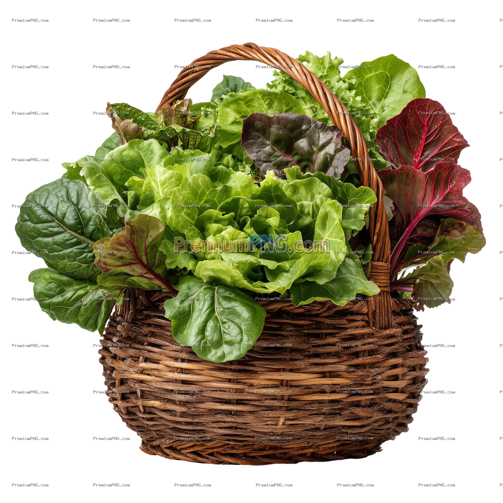 Wicker basket of assorted green and red leafy greens isolated