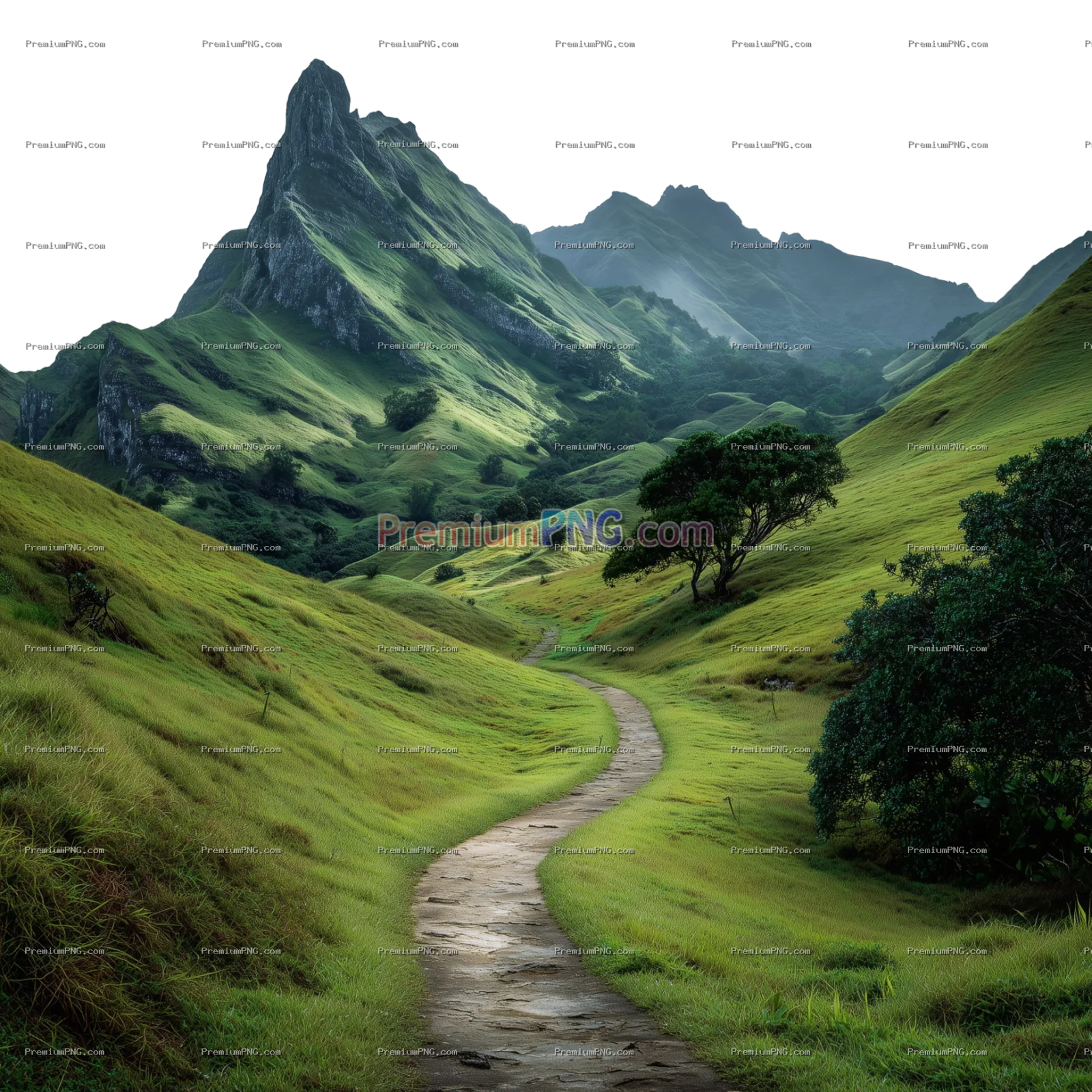 Winding Pathway Through Lush Green Valley with Majestic Mountains on Transparent Background