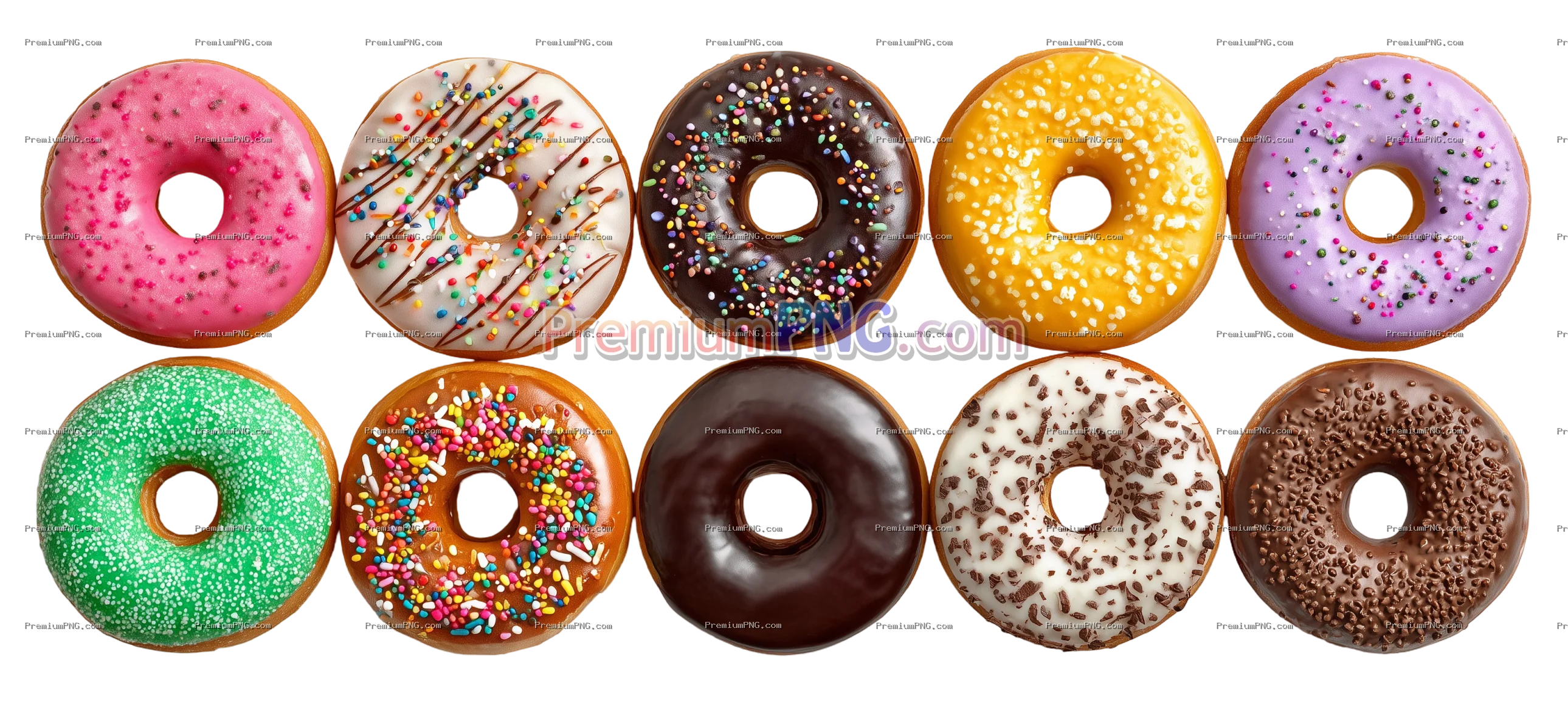 a colorful assortment of donuts arranged in two rows