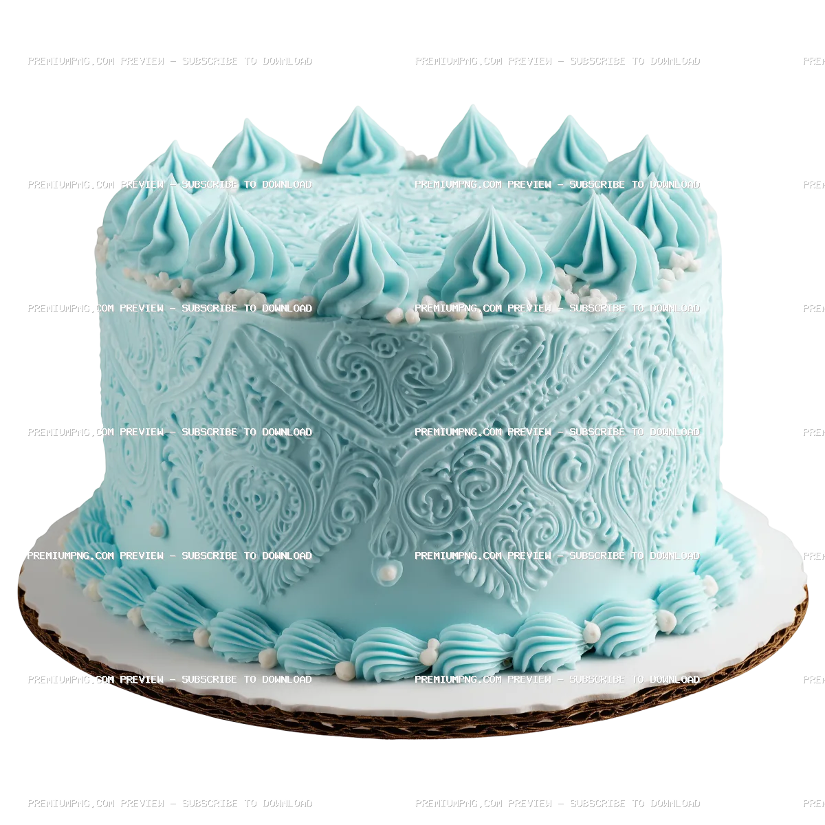 Light Blue Frosted Birthday Cake with Intricate Piping PNG - Transparent Background