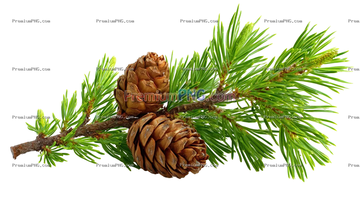 Lush green pine branch with two brown pinecones on white background