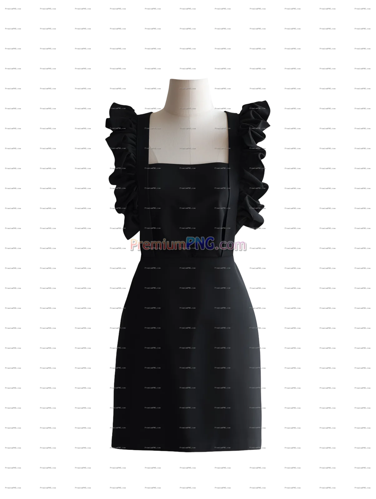 Modern Minimalist Black Apron with Ruched Ruffle Straps on Mannequin