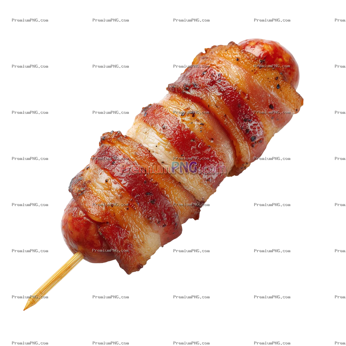 One piece of bacon-wrapped sausage on a stick, isolated on a white background, ultra-realistic photo