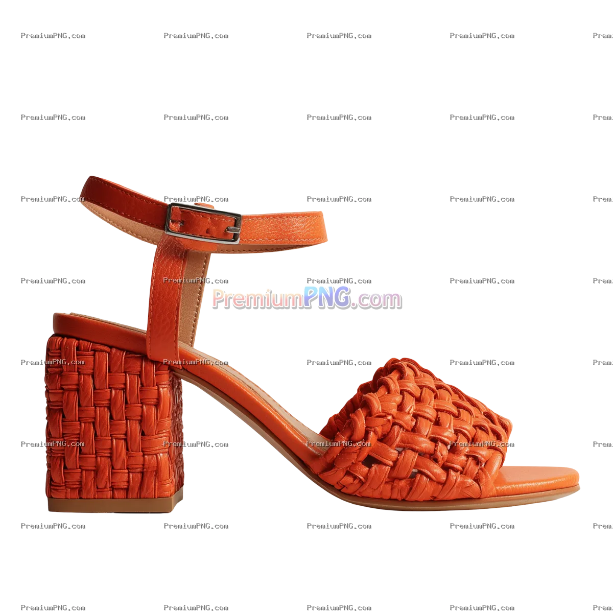Orange Leather Woven Block Heel Sandal Cutout