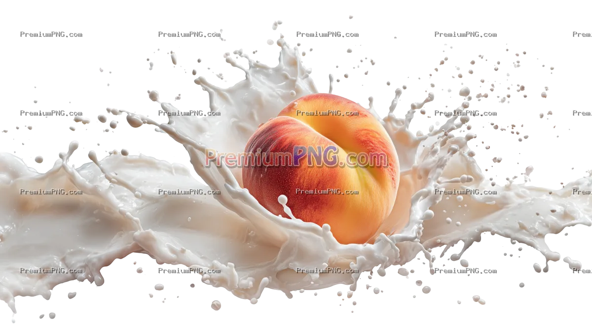 Peach is falling into milk. Splash isolated on transparent background