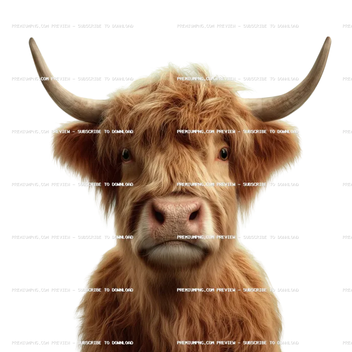 photo realistic image of a brown highland cow with no hors, with a smile on its face, isolated