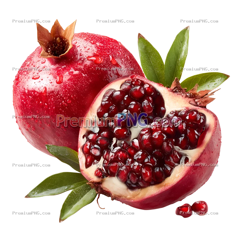 Pomegranate Cut in Half with Seeds and Leaves Transparent PNG