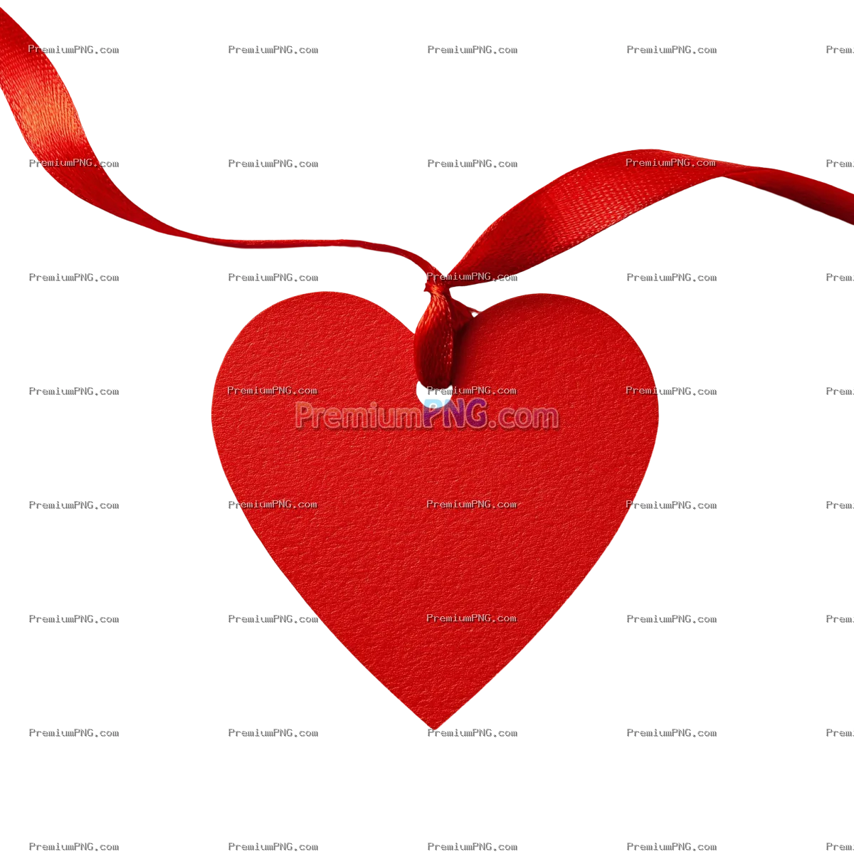Red heart-shaped tag with a ribbon on a plain transparent background