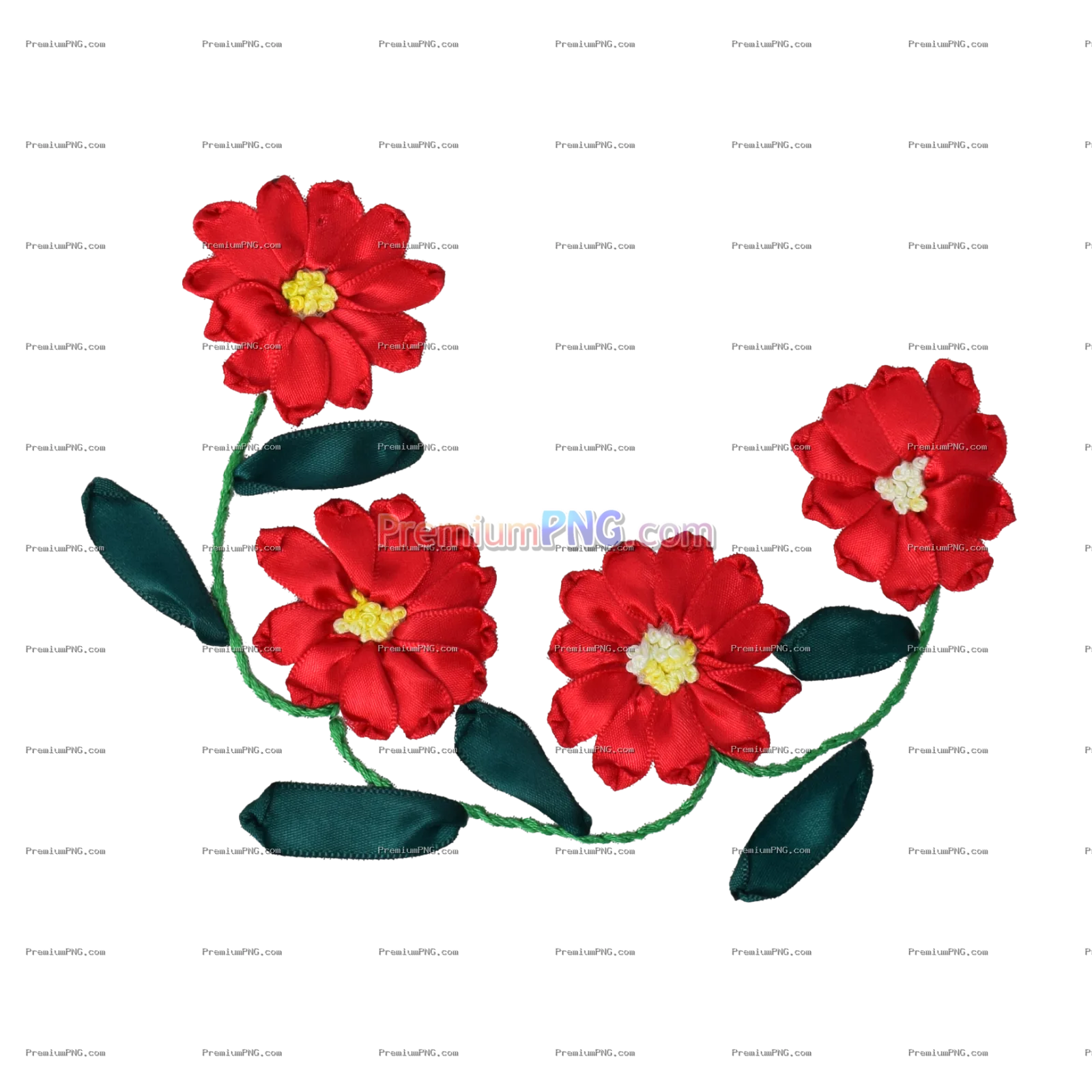 Red ribbon flower vine with green leaves embroidery