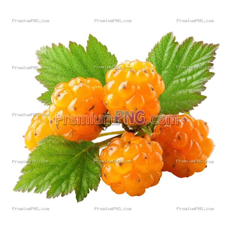 Ripe Cloudberries with Green Leaves Isolated on Transparent Background